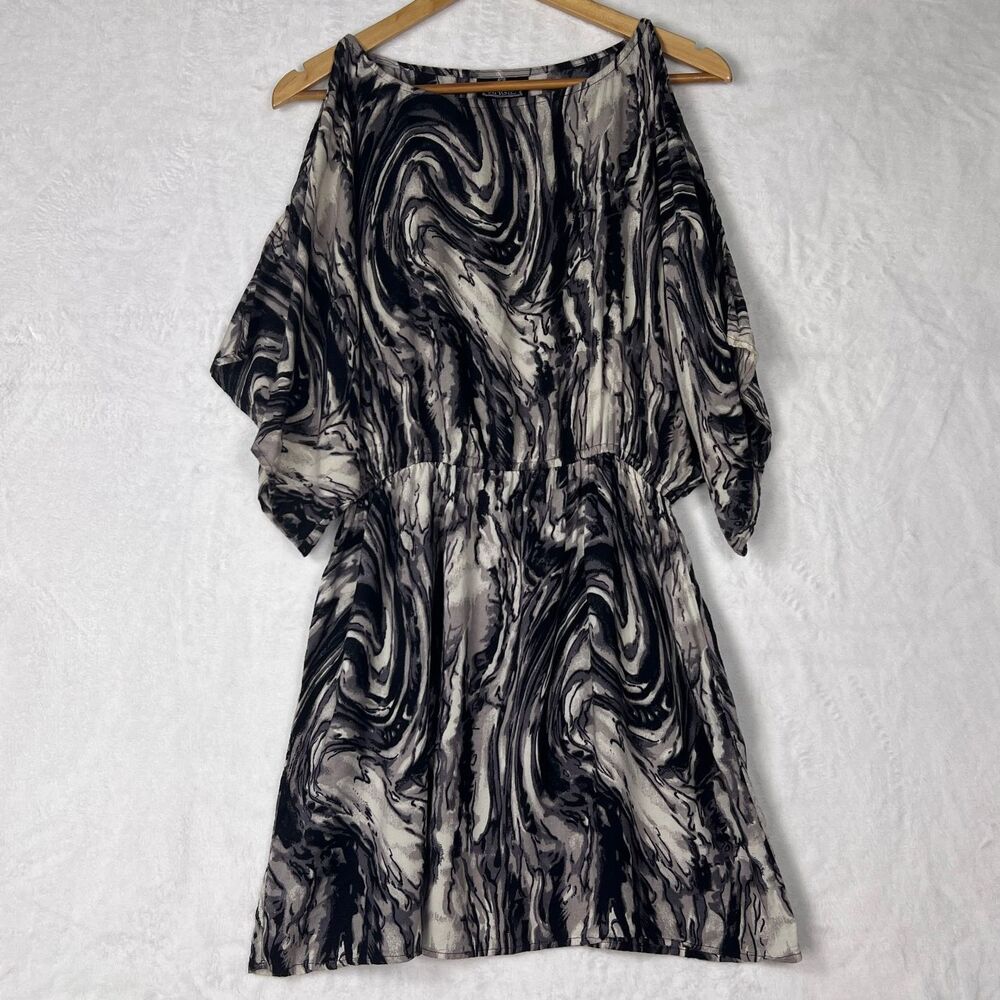 Angie Dress Large Black White Marble Swirl Cold Shoulder Rayon Beach Coverup